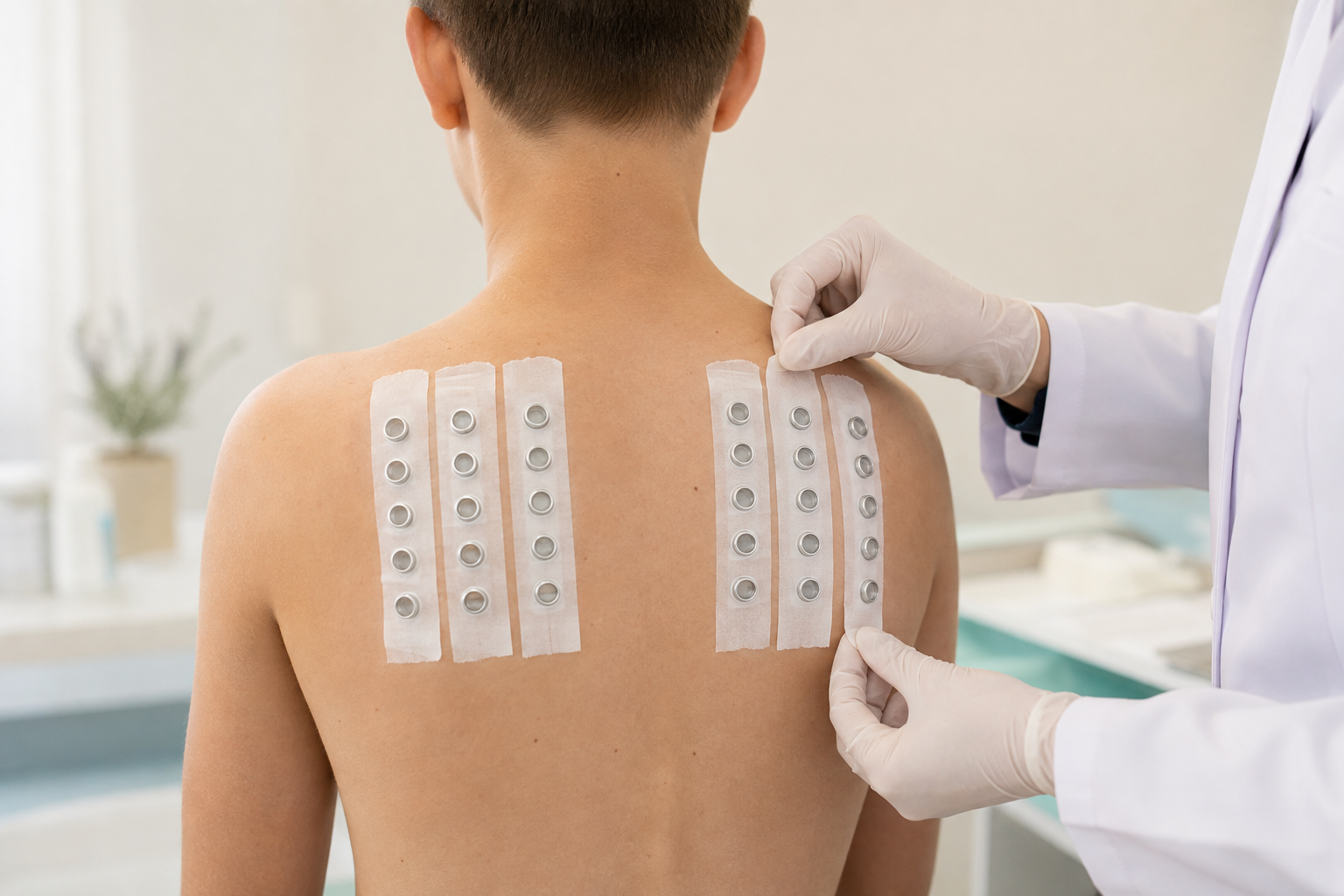 Câmaras do teste de contato fixadas nas costas de um adolescente por uma profissional de saúde
